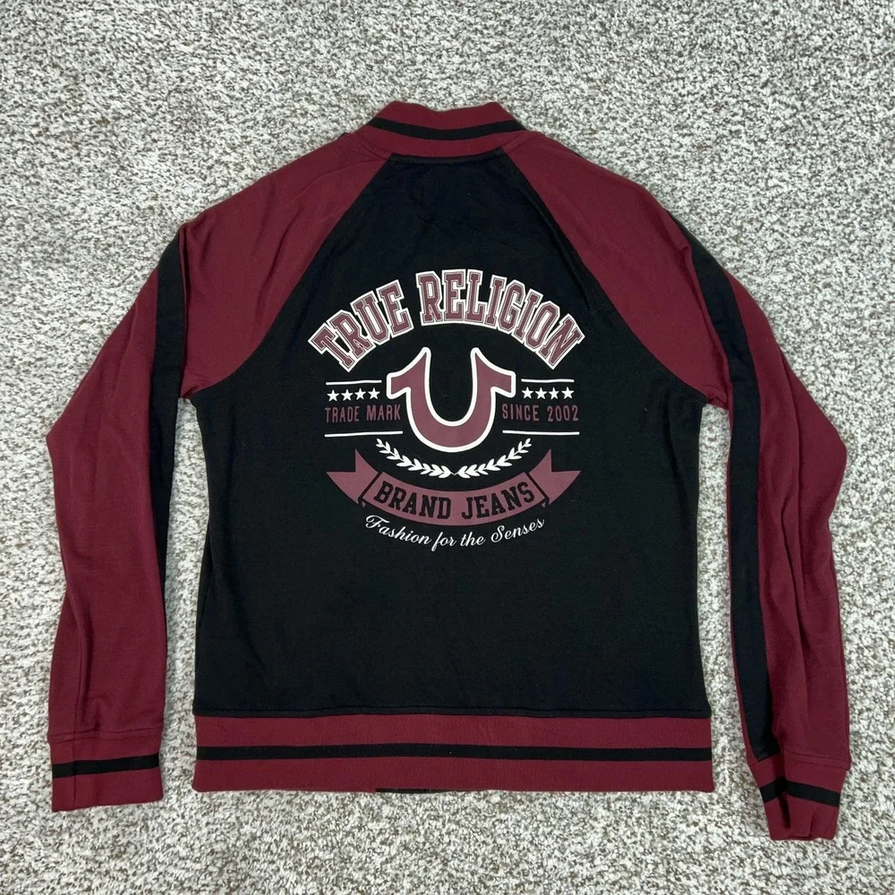 True Religion Jacket mens Small Black Red Raglan Bomber Sweatshirt Zip Graphic‎